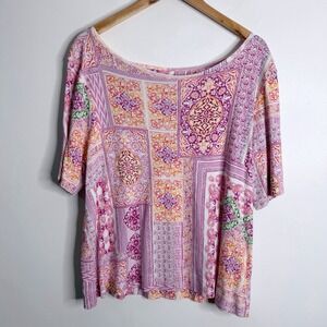 Chico's Women's Multicolor Geometric Coastal Tile Boat Neck top XL Chico 3 Boho